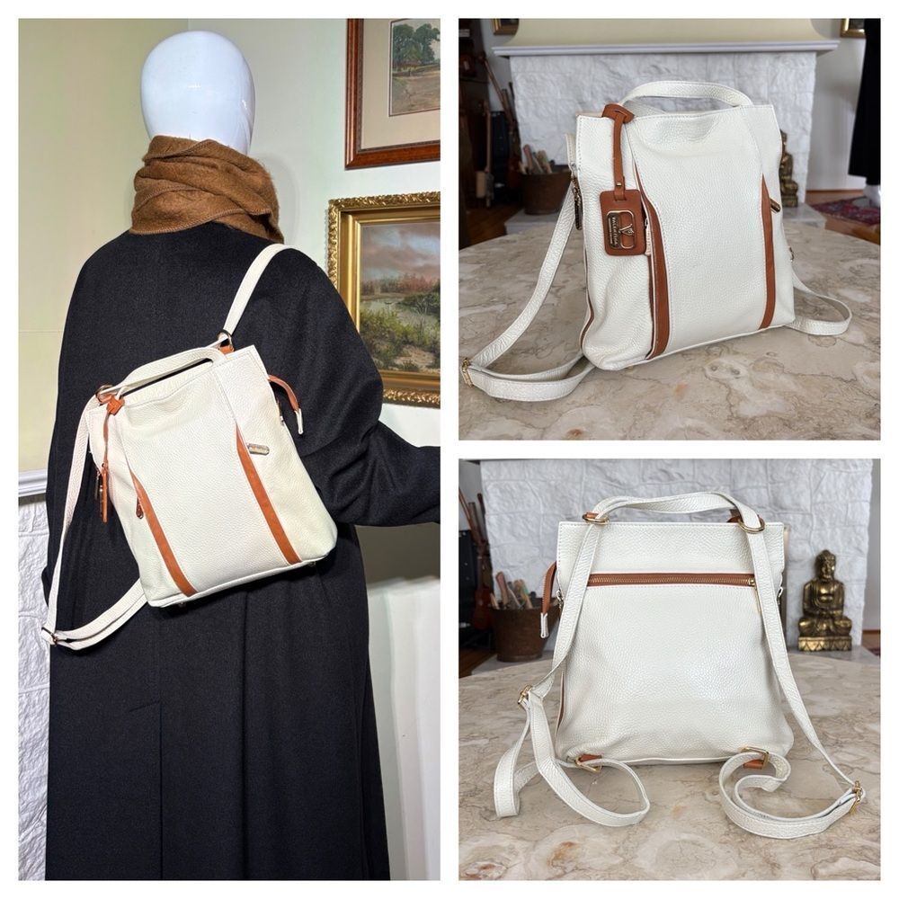 Valentina Pebble Leather White/Tan Convertible Backpack Shoulder Bag Italy